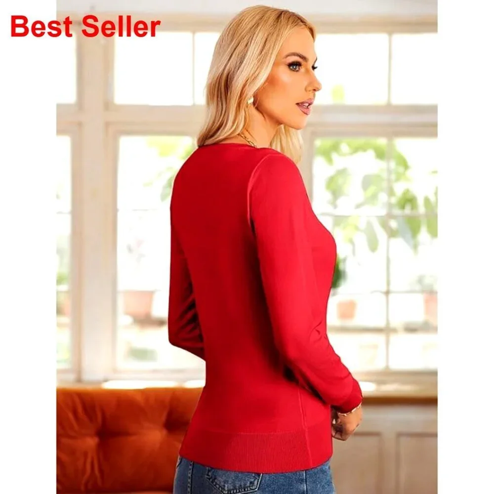 Long Sleeve Button Down Cardigan, Stretchy Knit, Office Essential, S-2XL